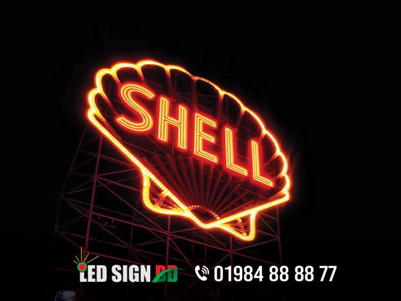 Shell Project Acrylic Neon sign in Bangladesh, Golden neon sign in Bangladesh Letter Logo Signage with Lighting, Shell billboard design.