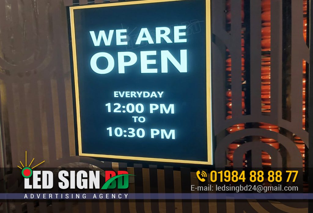 Signboard Company Dhaka, Open Neon Signs, Signage Company in Dhaka Bangladesh, we are open, clock signboard letter signage, open and close signboard making, acrylic lighting signboard for office house hospital, reception nameplate design in dhaka bangladesh,
