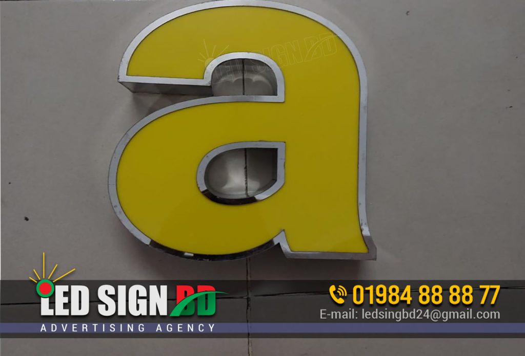 Custom Outdoor Led Resin Letter Luminous Sign for Business Logo, LED Lighted Shop Name Lettering Signage, Stainless Steel Radium Letter, Outdoor Yellow 3D Acrylic LED Letter, For Decoration, 15 X 35 Inch