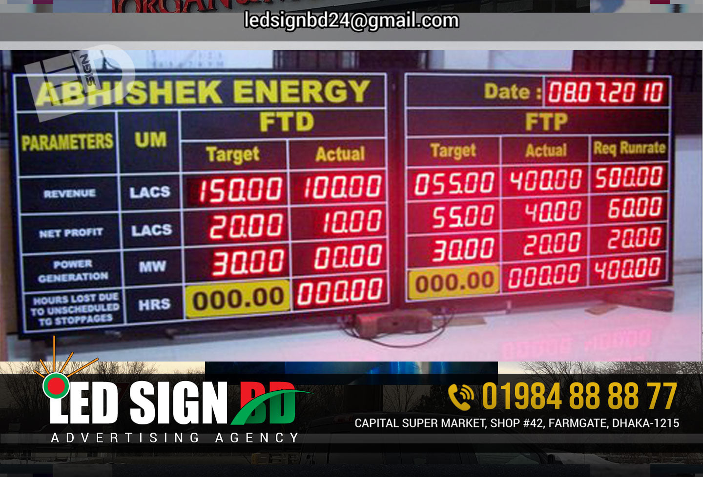 Led RGB Color Tile Counter, Super Market Led Signboard Signage, Name Plate Design in Dhaka Bangladesh, Red Wall Mounted Outdoor Scrolling LED Display Board,