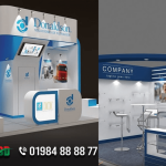 Double-decker exhibition stall with meeting area on top floor at a large international trade fair